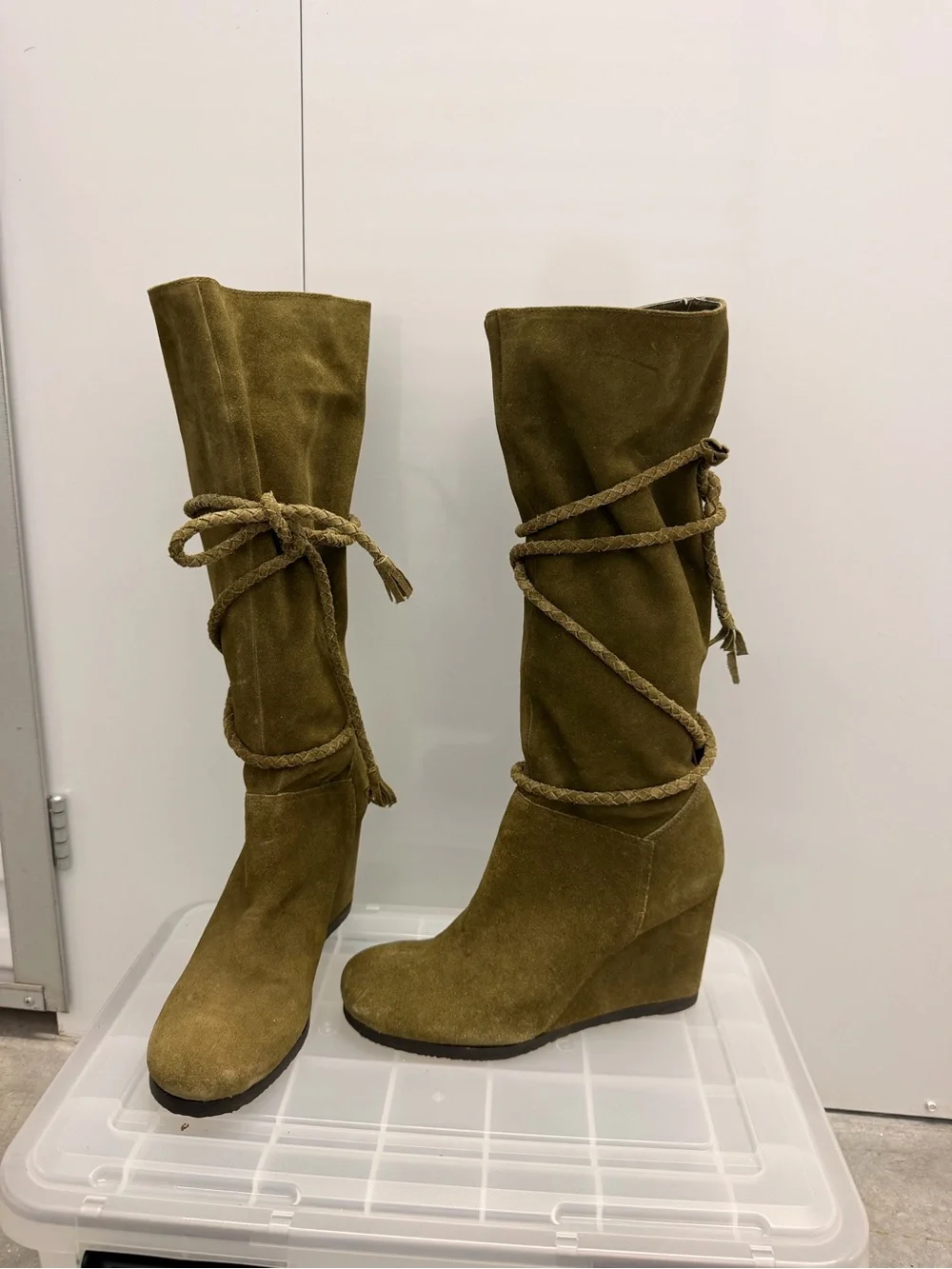 Gianni Bini Olive Suede At-the-Knee Lace-Up Boots